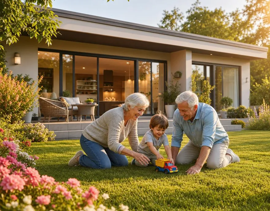 Bungalow-Fertighaus: ebenerdig wohnen mit Garten und Terrasse Barrierefreier Bungalow als Fertighaus: ebenerdiges Wohnen mit Glasschiebetüren, sonniger Gartenterrasse und drei Generationen im Garten