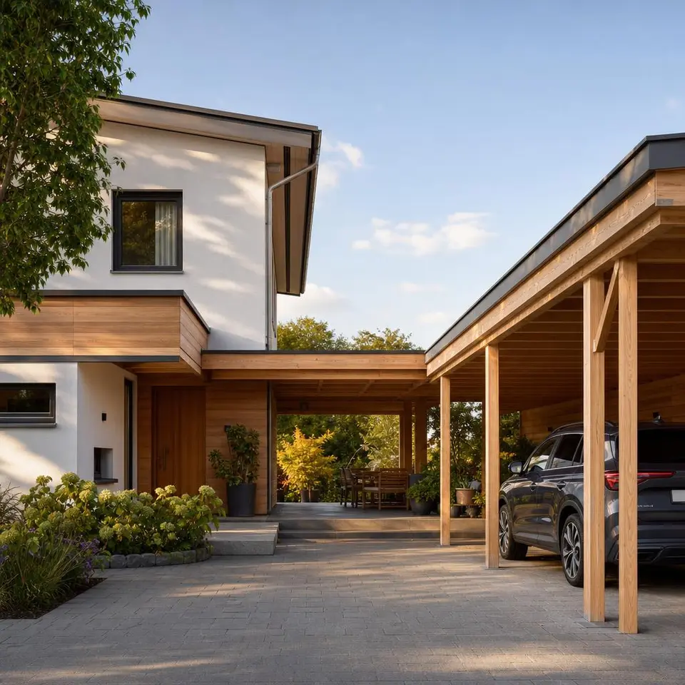 Moderner Holz-Carport mit Terrassenüberdachung als Gewinn am neu gebauten Fertighaus Moderner Holz-Carport mit Terrassenüberdachung als Gewinn am neu gebauten Fertighaus