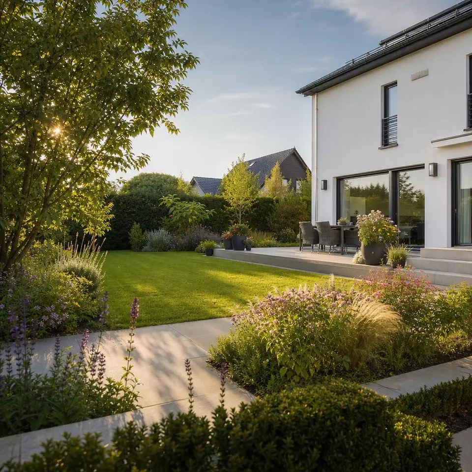Professionelle Gartengestaltung als Gewinn: fertig angelegter Garten mit Terrasse, Rasen und Pflanzbeeten am Neubau Professionelle Gartengestaltung als Gewinn: fertig angelegter Garten mit Terrasse, Rasen und Pflanzbeeten am Neubau