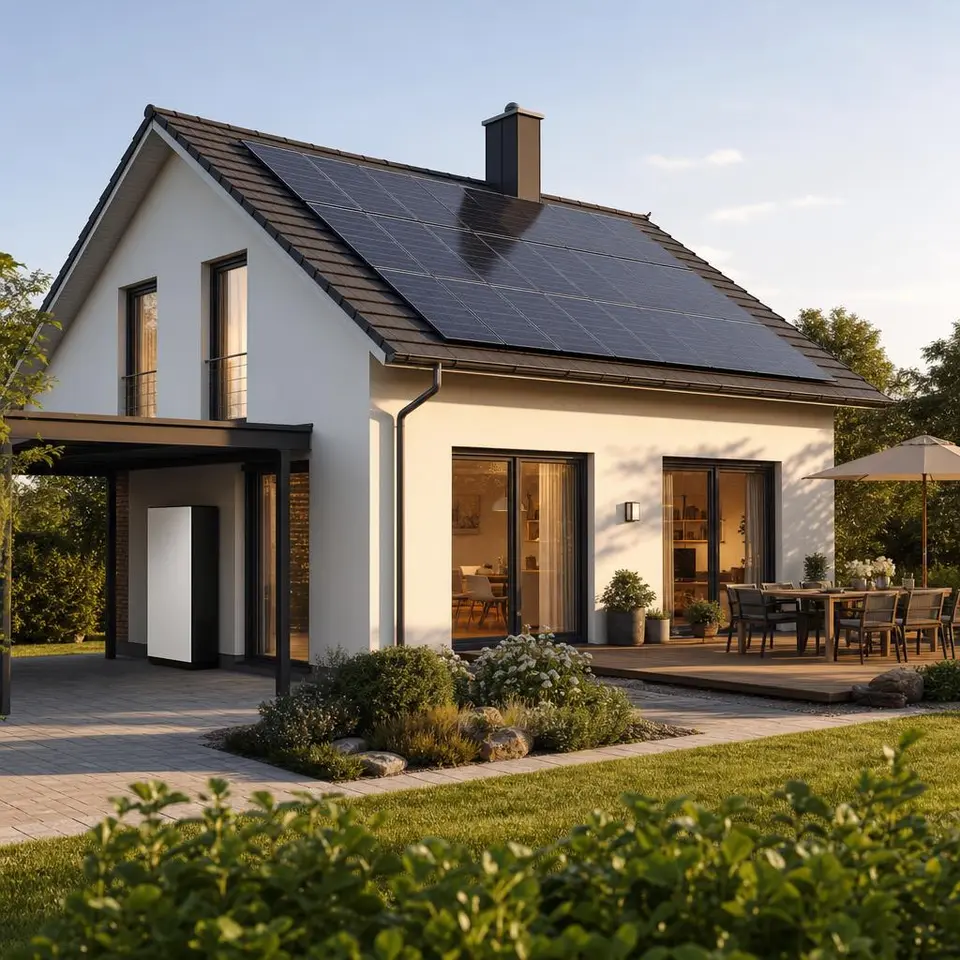 Photovoltaikanlage mit Batteriespeicher als Gewinn – Solarmodule auf dem Dach eines Fertighauses Photovoltaikanlage mit Batteriespeicher als Gewinn – Solarmodule auf dem Dach eines Fertighauses
