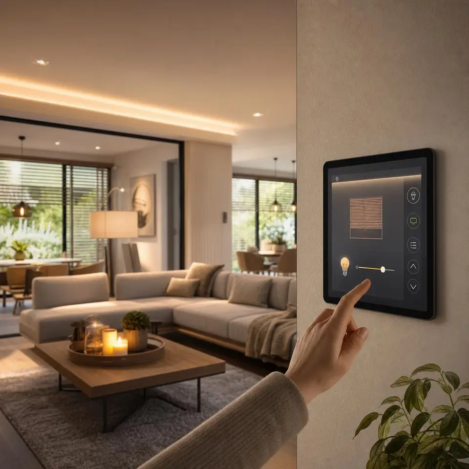 Smart-Home-Paket als Gewinn: Wandtablet steuert Licht, Heizung und Rollläden im modernen Fertighaus-Wohnzimmer Smart-Home-Paket als Gewinn: Wandtablet steuert Licht, Heizung und Rollläden im modernen Fertighaus-Wohnzimmer