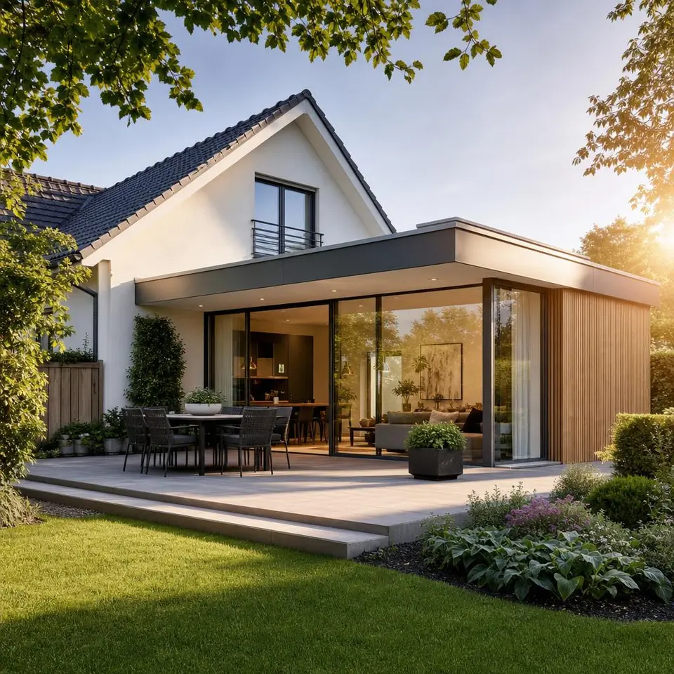 Moderner Anbau mit Flachdach und Glasfront erweitert ein bestehendes Wohnhaus um helle Wohnfläche zum Garten Moderner Anbau mit Flachdach und Glasfront erweitert ein bestehendes Wohnhaus um helle Wohnfläche zum Garten