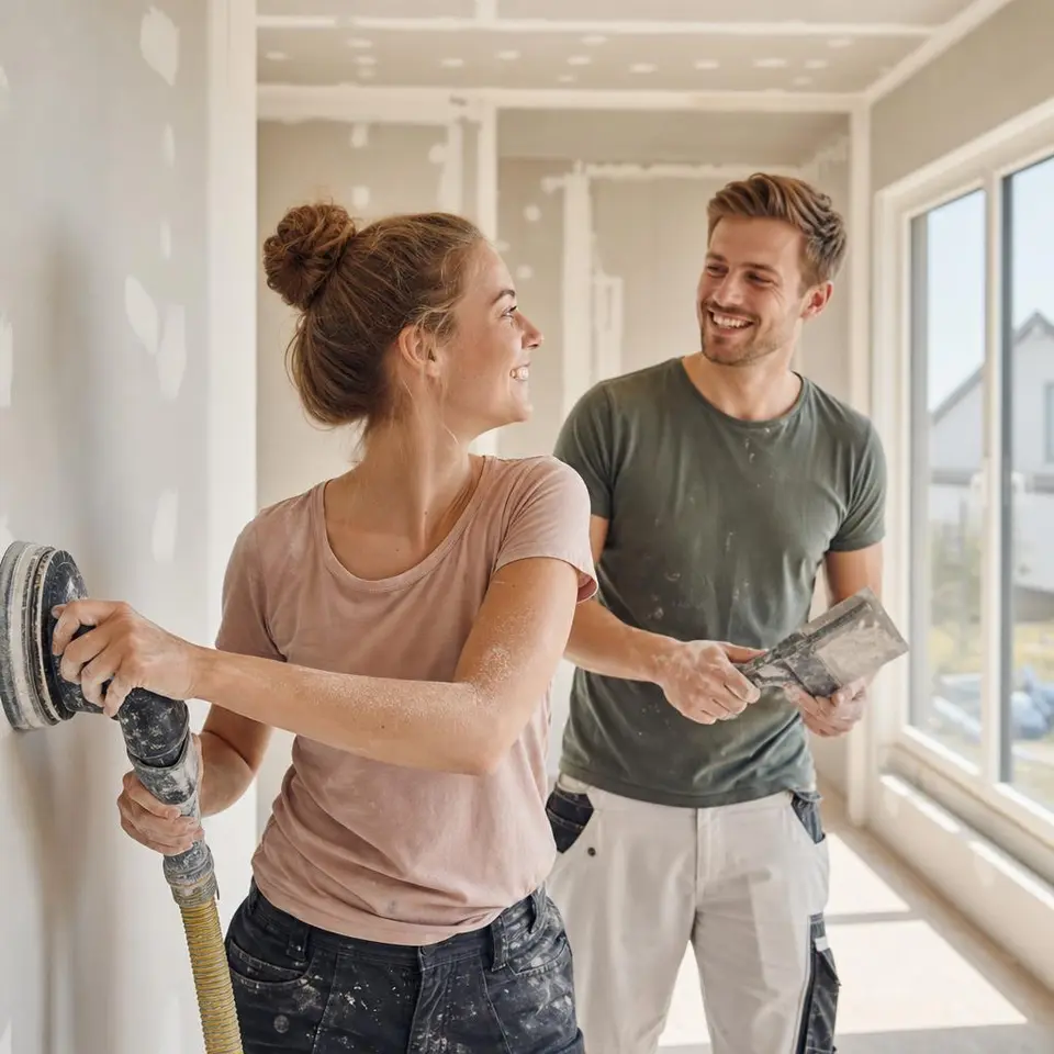 Junges Bauherren-Paar arbeitet zufrieden im Innenausbau seines Ausbauhauses – mit Eigenleistung Baukosten sparen Junges Bauherren-Paar arbeitet zufrieden im Innenausbau seines Ausbauhauses – mit Eigenleistung Baukosten sparen