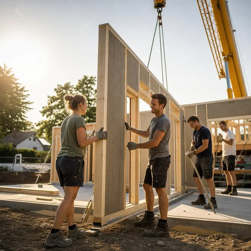 Selbstbauer montieren gemeinsam vorgefertigte Wandelemente ihres Bausatzhauses auf der Bodenplatte – günstig zum Eigenheim Selbstbauer montieren gemeinsam vorgefertigte Wandelemente ihres Bausatzhauses auf der Bodenplatte – günstig zum Eigenheim