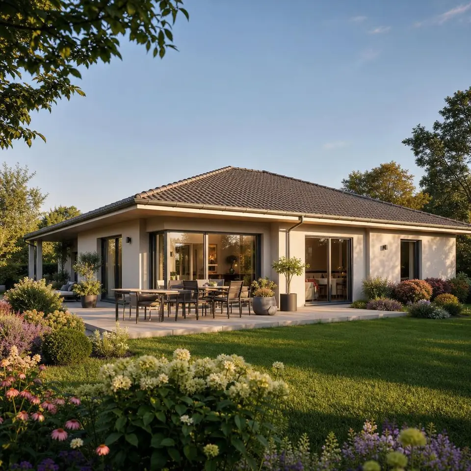 Barrierefreier Bungalow mit ebenerdigem Eingang, Walmdach und großzügiger Terrasse zum Garten – komfortables Wohnen auf einer Ebene Barrierefreier Bungalow mit ebenerdigem Eingang, Walmdach und großzügiger Terrasse zum Garten – komfortables Wohnen auf einer Ebene
