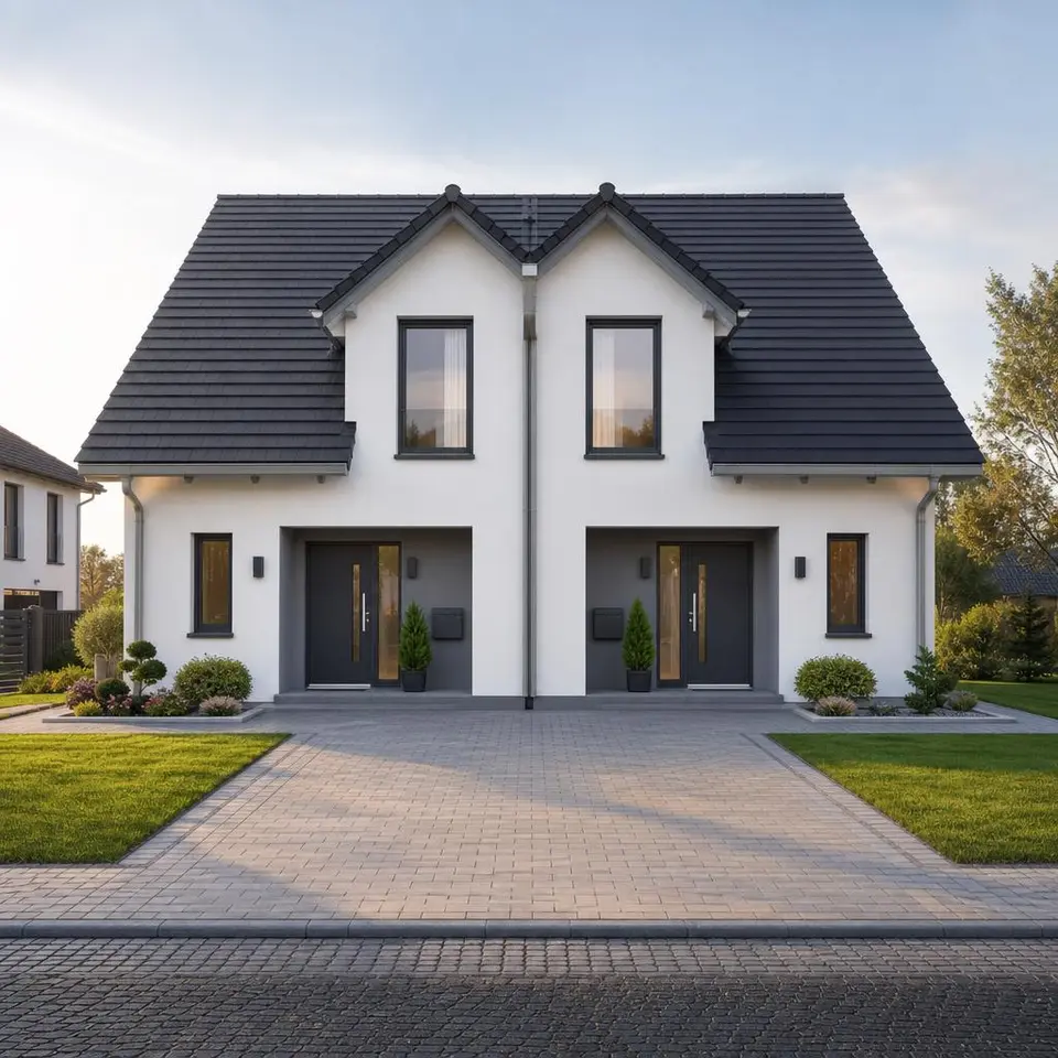 Solides Doppelhaus in Fertigbauweise mit zwei separaten Eingängen, spiegelgleichen Haushälften und gemeinsamer Einfahrt Solides Doppelhaus in Fertigbauweise mit zwei separaten Eingängen, spiegelgleichen Haushälften und gemeinsamer Einfahrt