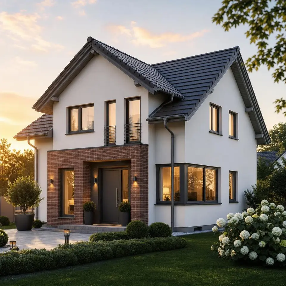 Freundliches Einfamilienhaus als schlüsselfertiges Fertighaus mit Satteldach, heller Fassade und gepflegtem Vorgarten im warmen Abendlicht Freundliches Einfamilienhaus als schlüsselfertiges Fertighaus mit Satteldach, heller Fassade und gepflegtem Vorgarten im warmen Abendlicht