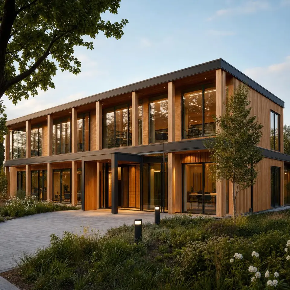 Modernes Bürogebäude in Holz-Hybrid-Fertigbauweise mit Holz-Glas-Fassade und einladendem Eingangsbereich Modernes Bürogebäude in Holz-Hybrid-Fertigbauweise mit Holz-Glas-Fassade und einladendem Eingangsbereich