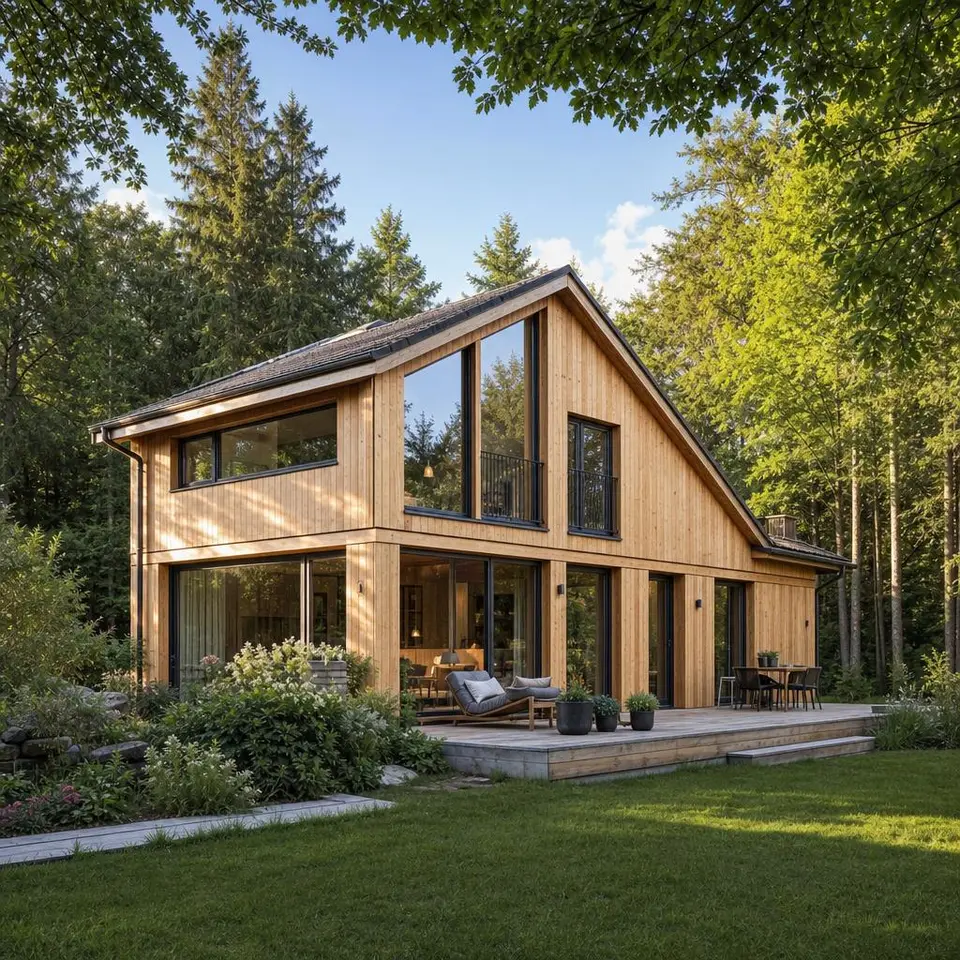 Ökologisches Holzhaus mit naturbelassener Lärchenfassade und großen Fenstern am Waldrand – nachhaltig bauen mit Holz Ökologisches Holzhaus mit naturbelassener Lärchenfassade und großen Fenstern am Waldrand – nachhaltig bauen mit Holz