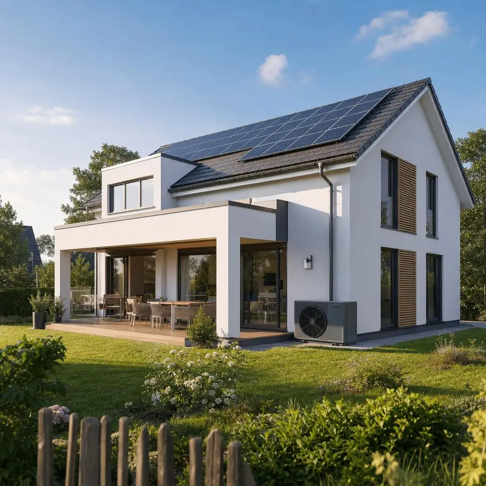 KfW-40-Effizienzhaus mit Photovoltaik auf dem Dach und Wärmepumpe – energiesparend bauen mit Förderung KfW-40-Effizienzhaus mit Photovoltaik auf dem Dach und Wärmepumpe – energiesparend bauen mit Förderung