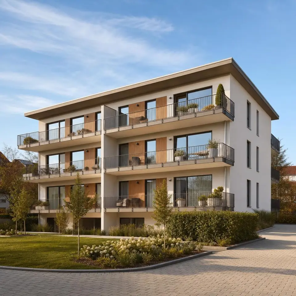 Neubau-Mehrfamilienhaus in Fertigbauweise mit Balkonen, heller Fassade und gepflegtem Vorbereich Neubau-Mehrfamilienhaus in Fertigbauweise mit Balkonen, heller Fassade und gepflegtem Vorbereich