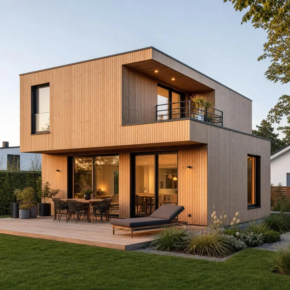 Modernes Modulhaus aus zwei versetzten Wohnmodulen mit Holzverkleidung – flexibel planbar und erweiterbar Modernes Modulhaus aus zwei versetzten Wohnmodulen mit Holzverkleidung – flexibel planbar und erweiterbar