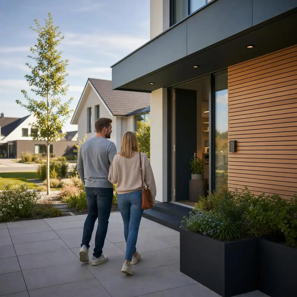 Besucherpaar besichtigt ein modernes Musterhaus in einer Fertighaus-Ausstellung Besucherpaar besichtigt ein modernes Musterhaus in einer Fertighaus-Ausstellung