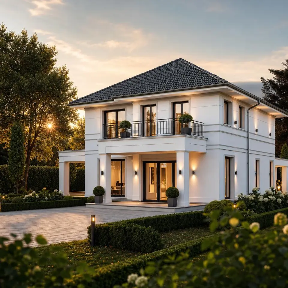 Repräsentative Stadtvilla als Fertighaus mit zwei Vollgeschossen, Walmdach und eleganter heller Fassade hinter gepflegter Auffahrt Repräsentative Stadtvilla als Fertighaus mit zwei Vollgeschossen, Walmdach und eleganter heller Fassade hinter gepflegter Auffahrt