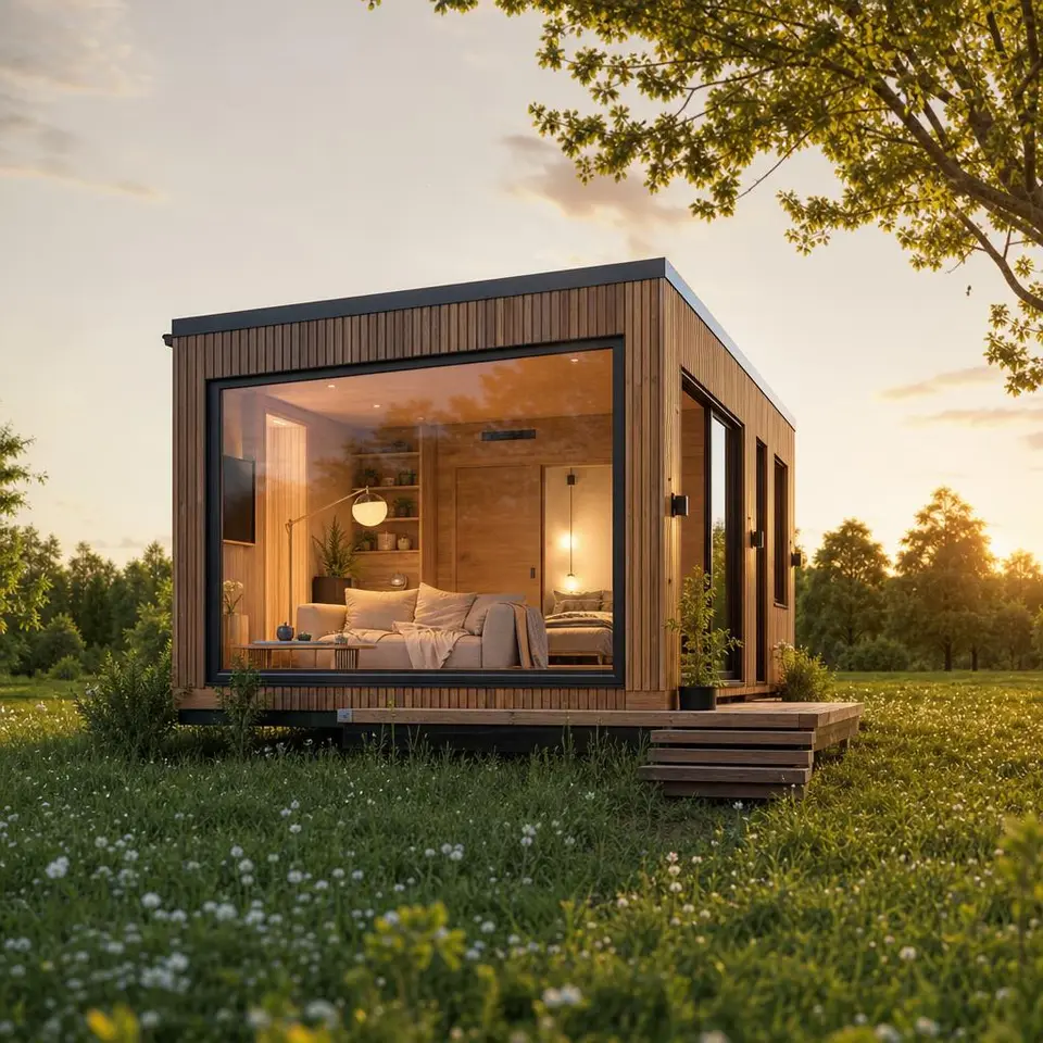Hochwertiges Tiny House mit Holzfassade und großem Panoramafenster auf grüner Wiese – kompaktes Wohnen mit Stil Hochwertiges Tiny House mit Holzfassade und großem Panoramafenster auf grüner Wiese – kompaktes Wohnen mit Stil