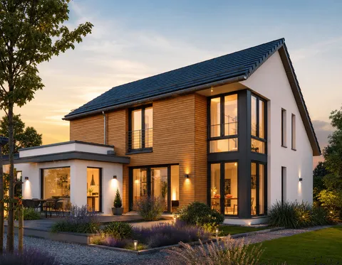 Neubau-Beispiel: modernes Fertighaus am Abend Fertighaus mit Holz- und Putzfassade in Abendstimmung als Beispiel für einen modernen Neubau